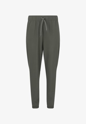 Dunkelgrüne, schmal zulaufende Jogginghosen mit elastischem Bund, Kordelzug, Seitentaschen und elastischen Bündchen an den Knöcheln.