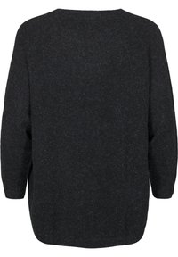 Črn oversized pulover z okroglim izrezom, spušenimi rameni in dolgimi rokavi. Mehka tekstura in sproščen kroj, z rahlo zaobljenim robom.