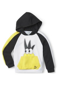 Bluza z kapturem, czarnym kapturem i rękawami, białym korpusem, żółtą kieszenią oraz figlarnym rysunkiem kreskówkowym przedstawiającym oczy i dziobek.