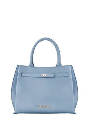 Light blue structured leather handbag with rounded handles, front strap with gold clasp, and "Victoria Hyde London" gold logo.