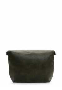Dark green leather bag with a smooth texture, rectangular shape, and zip closure. Features minimalist design with no visible hardware.