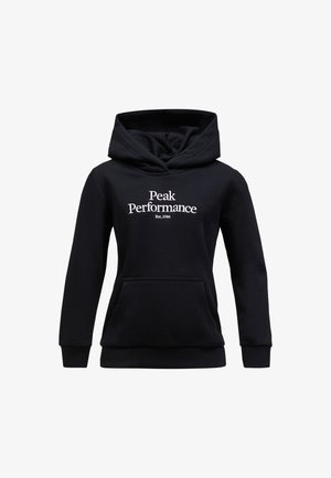 Zwarte hoodie gemaakt van zachte stof, met een voorste kangoeroezak en witte geborduurde tekst: "Peak Performance Est. 1986."
