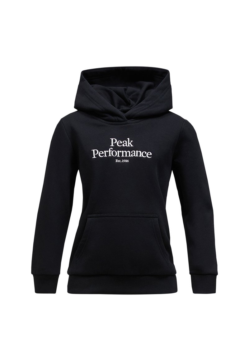 Schwarzer Kapuzenpullover aus weichem Material, mit einer Front-Kängurutasche und weißem gesticktem Text: "Peak Performance Est. 1986."
