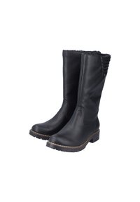 Black leather knee-high boots with a textured cuff, stitching detail, and rubber sole. Smooth finish with a slight sheen.