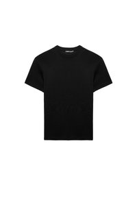 Czarny t-shirt z krótkim rękawem wykonany z teksturowanej tkaniny, z okrągłym dekoltem i prostym krojem, bez widocznych wzorów lub akcentów.