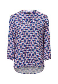 Blusa a maniche tre quarti con motivo blu e rosso, scollo a V e orlo arrotondato. Tessuto leggero con motivo a occhi su tutta la superficie.