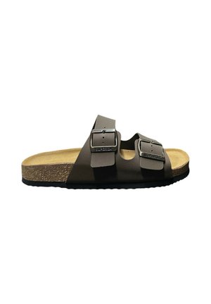 Sandalo con suola in sughero marrone, due cinturini regolabili con fibbia e sottopiede color cuoio, progettato per un uso casual.
