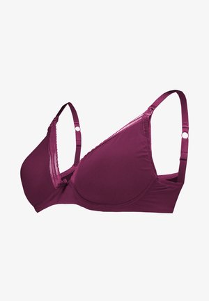 Mauve BH med glat stof, trådløst design, justerbare stropper og bølgede kanter langs toppen af kopperne. Har en detalje med en sløjfe i midten.