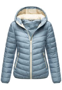 Ljusblå uppblåsbar jacka med avtagbar huva, med en krämfärgad insida, diagonalt quiltad och med framfickor med dragkedja.