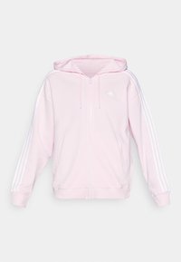 Světle růžová mikina na zip s kapucí, která má bílé tři proužky na rukávech a malé bílé logo na hrudi.