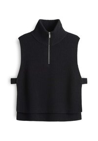 Gilet sans manches en maille côtelée noire avec un col montant et une fermeture éclair argentée sur l'avant, doté de pattes latérales pour un ajustement réglable.