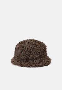 Brown fluffy bucket hat made from textured fabric, featuring a rounded crown and wide, flat brim. Soft, shaggy appearance throughout.