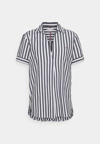 Kortærmet skjorte i sort og hvid striber, med krave, frontknaplukning og sideslids for en løs pasform. Bomulds materiale, glat tekstur.