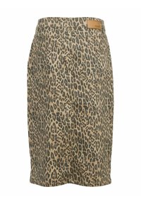 Jupe crayon en denim imprimé léopard aux tons beige et vert, dotée de poches, d'une étiquette à l'arrière et d'une coupe droite.