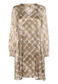 Hnedo-beige potlačené šaty z hladkej tkaniny, s výstrihom do V, dlhými vyp puff rukávmi a elastickými manžetami s diamantovým vzorom.