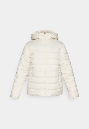 White puffer jacket with a hood, featuring a zip closure, two side pockets, and horizontal quilted pattern. Logo subtle on the front.