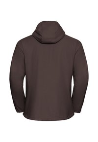 Veste softshell marron avec capuche, manches longues et texture lisse. Le design est simple, sans motifs ou éléments métalliques proéminents.