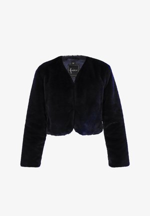 Lühendatud must kunstkarusnaha jakk pikkade varrukatega ja ümmarguse kaelusega. Siseosas on silt, tekstuur on sile ning nähtavaid sulgureid või kaunistusi pole.