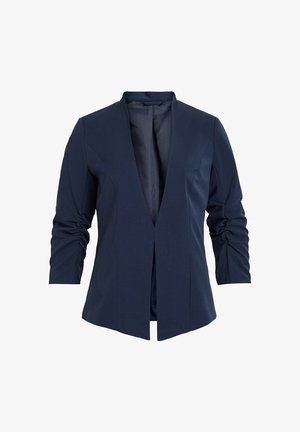 Blazer navy en tissu lisse avec un décolleté en V profond, des manches longues et des détails froncés sur les manches. Conception à ouverture frontale.