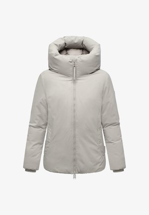 Chaqueta de invierno acolchada gris claro con cuello alto, cremallera frontal y bolsillos laterales, diseñada para climas fríos.