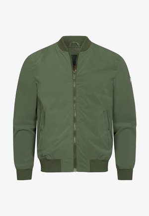 Giubbotto bomber verde oliva con zip frontale, colletto e polsini a coste, e tasche laterali. Tessuto liscio senza motivi o accenti visibili.