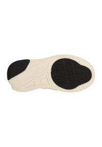 Witte rubberen sneakerzool met een getextureerd zwart grippatroon, voorzien van een ronde neus, en een gladde witte tussenzool met lichte details.