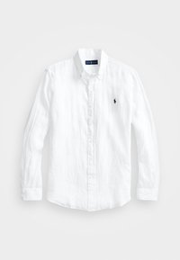 White linen long-sleeve shirt, button-down collar, featuring a small navy logo on the left chest, with a relaxed fit and visible texture.