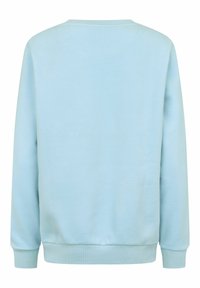 Ljusblå sweatshirt med rund hals, långa ärmar, ribbstickade ärmslut och nederkant, med en mjuk textur och en enkel, odekorerad design.