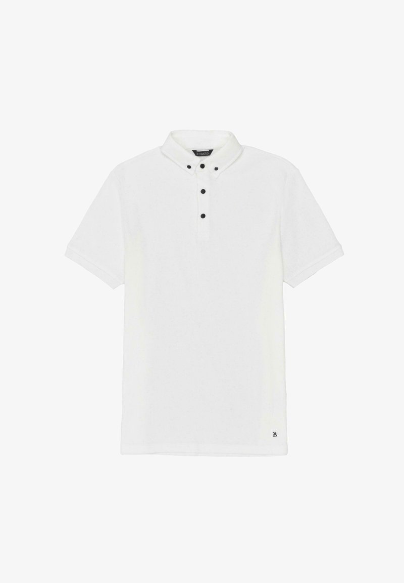 Biała koszulka polo wykonana z fakturowanej tkaniny, z klasycznym kołnierzykiem, trzema czarnymi guzikami i krótkimi rękawami. Delikatne logo na dolnym brzegu.
