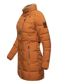 Orange padded coat with a high collar, zippered side pockets, and ribbed cuffs. Features a brand logo patch on the sleeve.