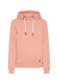 Sweatshirt à capuche rose avec cordons de serrage, présentant une surface texturée, des poignets côtelés et un petit détail logo marron sur le côté.