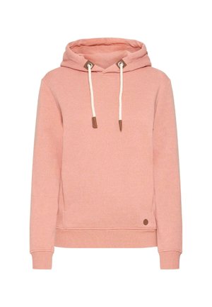 Ružičasti dukserica s kapuljačom i vezicama, s teksturiranom površinom, rebrastim rukavima i malim smešnim detaljem u smešnom tonu.