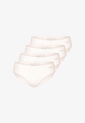 Quatre culottes blanches sans couture pour femmes empilées en diagonale, affichant le nom de la marque "Sloggi" sur la ceinture.
