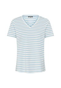 Gestreiftes V-Ausschnitt-T-Shirt in Hellblau und Weiß. Kurze Ärmel, weiches Baumwollmaterial, mit geradem Saum und dezentem Nahtdetail.
