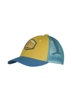 Yellow and blue children's baseball cap with mesh back and a mountain patch labeled "Kids Expedition" on the front panel.