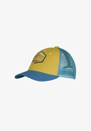 Yellow and blue children's baseball cap with mesh back and a mountain patch labeled "Kids Expedition" on the front panel.