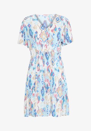 Lühikeste varrukatega, põlvepikkune kleit helesinises kangas, millel on mitmevärviline abstraktne muster roosa, valge ja türkiissinisega; vöökoht on reguleeritav nööriga.