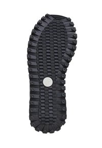 Suola di scarpa in gomma nera con superficie texturizzata, caratterizzata da rilievi e un logo circolare centrale. Progettata per una maggiore aderenza e durata.