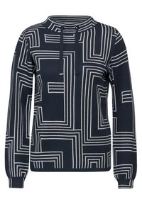 Marineblauer Pullover mit weißem geometrischem Muster, hoher Kragen, Kapuze mit Kordelzug und elastischen Bündchen. Weicher Stricktextil.