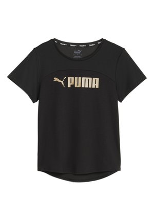 Čierne športové tričko z ľahkého materiálu, s kultovým zlatým logom "PUMA" na hrudníku a okrúhlym lemom s krátkymi rukávmi.