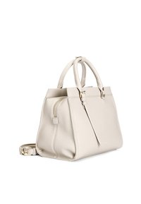 Beżowa skórzana torebka o strukturalnym wzorze, z podwójnymi uchwytami u góry, odpinanym paskiem i zamykaną na zamek kieszenią. Teksturowana powierzchnia z złotymi akcentami.
