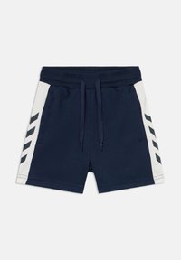 Navyblauwe sportshorts met witte zijkanten en zwarte schuine strepen, voorzien van een elastische tailleband en een voorste trekkoord.