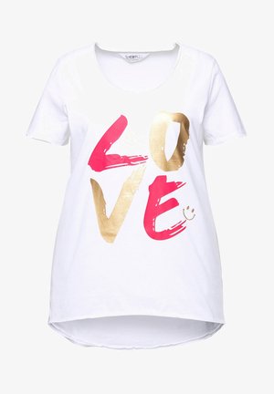 Weißes Baumwoll-T-Shirt mit einem großen, bunten "LOVE"-Grafik in Pink und Gold. Es hat einen runden Halsausschnitt und einen abgerundeten Saum.
