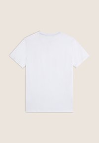 T-shirt bianca in cotone con maniche corte, scollatura rotonda e una texture liscia. Nessun motivo o grafica visibile.