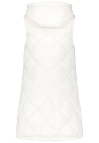 Puszysta biała bezrękawnik z kapturem, z haftowanym wzorem w diamenty i gładką fakturą. Dół ma zaokrąglone wykończenia.