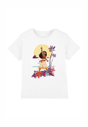 Weißes Baumwoll-T-Shirt mit einer bunten Illustration eines Mädchens mit langen Haaren, das einen Stein hält, umgeben von Blumen und einem Sonnendesign.