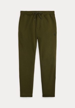 Pantaloni de trening de culoare verde măsliniu, confecționați dintr-un material moale, având un tiv elastic cu șnur și un logo mic pe partea stângă.