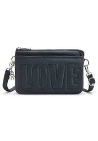 Borsa a tracolla in pelle blu con testo in rilievo "LOVE", hardware in argento, chiusura con zip e tracolla staccabile. Texture liscia, forma rettangolare compatta.