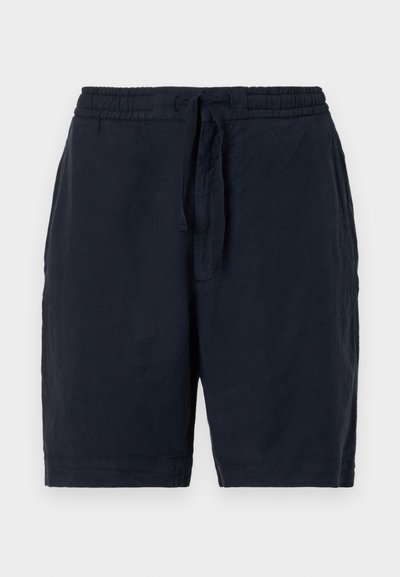 Jūras zila linu šorti ar elastīgu jostu un auklu, ar brīvu piegriezumu un nedaudz teksturētu virsmu.