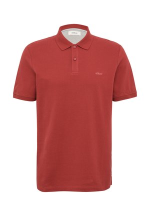Red polo shirt made of woven fabric, featuring a ribbed collar, two-button placket, short sleeves, and a small embroidered logo on the chest.